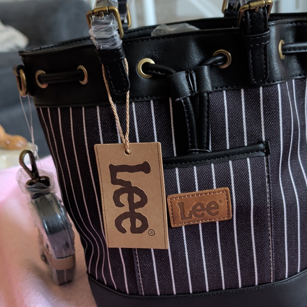Lee Black and White Pinstripe Drawstring Bucket Tote